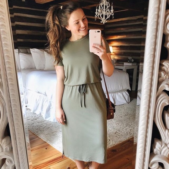 Reborn J Dresses & Skirts - REBORN J Modest Midi Drawstring Dress Sage Green